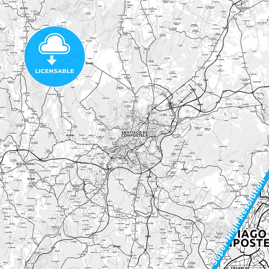 Santiago de Compostela, Spain light map with streetnames, citynames and districts
