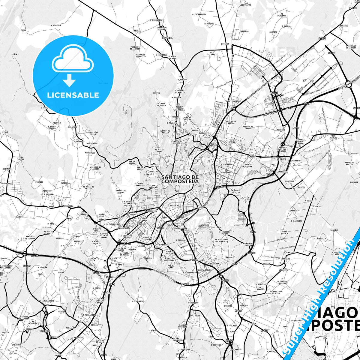 Santiago de Compostela, Spain Light Map with Street Names, City Names, and Districts