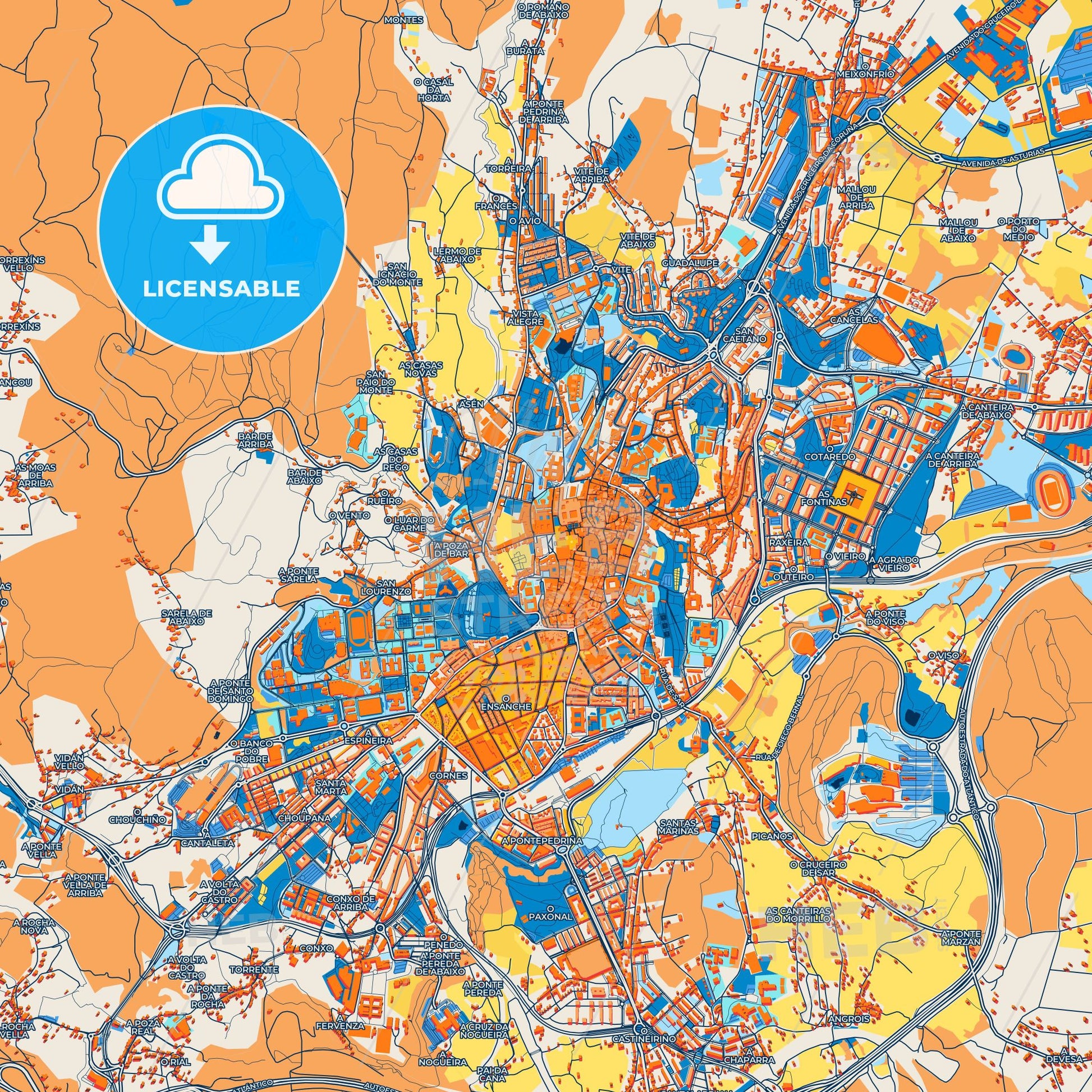 Colorful Santiago de Compostela Street Map with Labels and Buildings