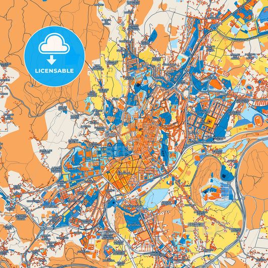 Colorful Santiago de Compostela Street Map with Labels and Buildings