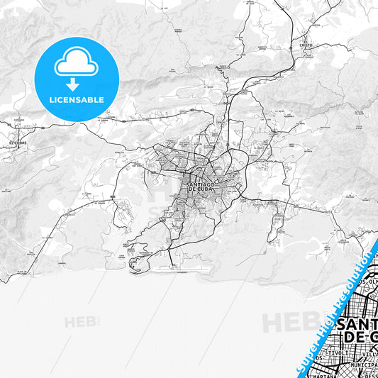 Santiago de Cuba, Cuba light map with streetnames, citynames and districts