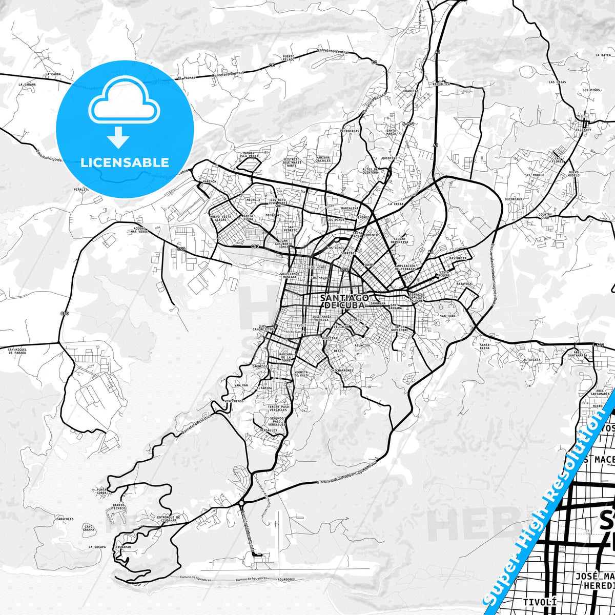Santiago de Cuba, Cuba Light Map with Street Names, City Names, and Districts