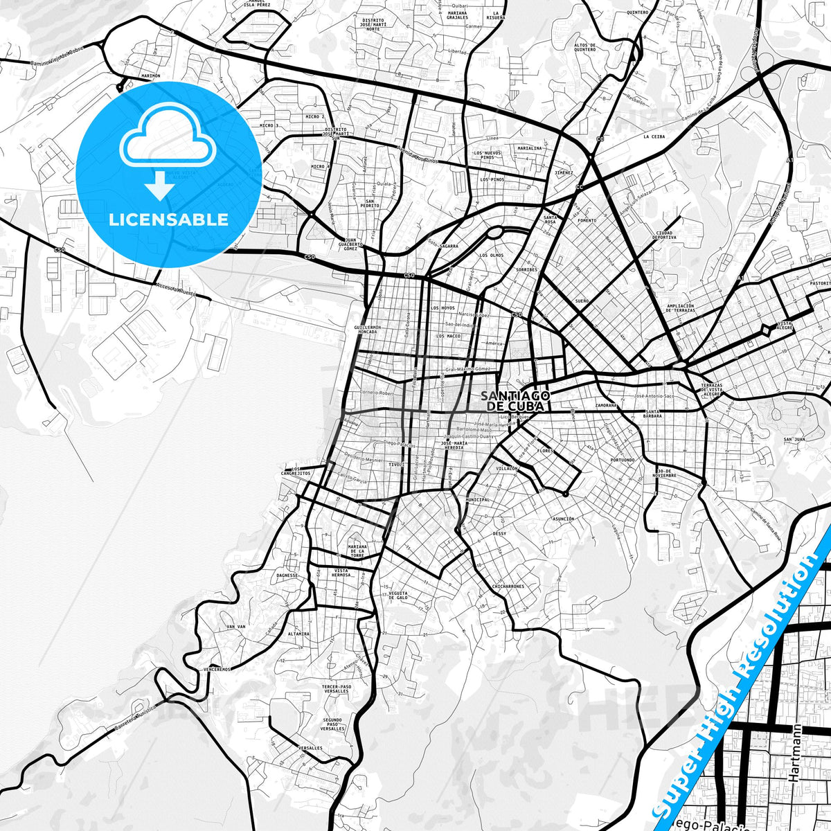 Santiago de Cuba, Cuba Light Map with Street Names, City Names, and Districts