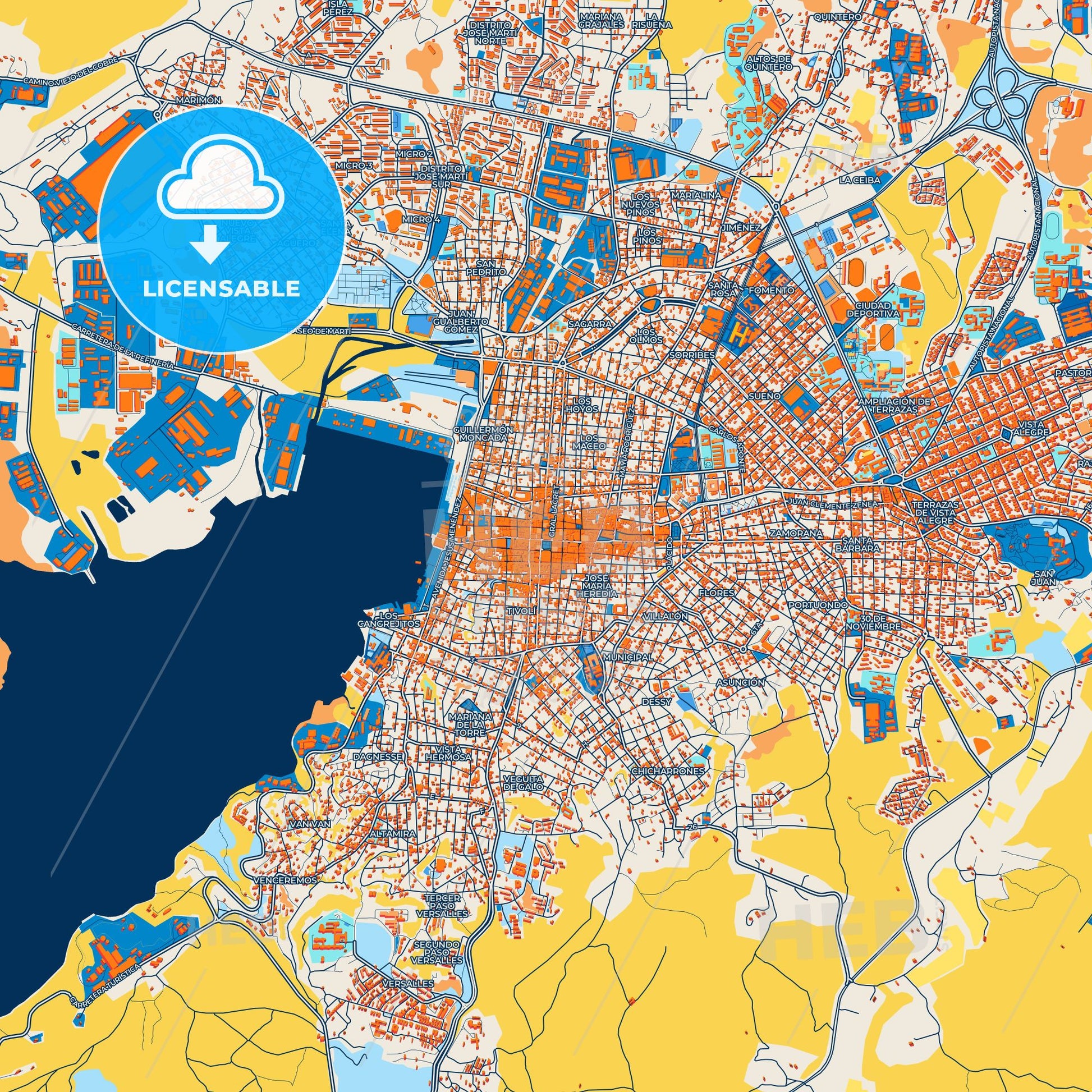 Colorful Santiago de Cuba Street Map with Labels and Buildings