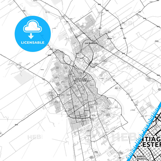 Santiago del Estero, Argentina light map with streetnames, citynames and districts