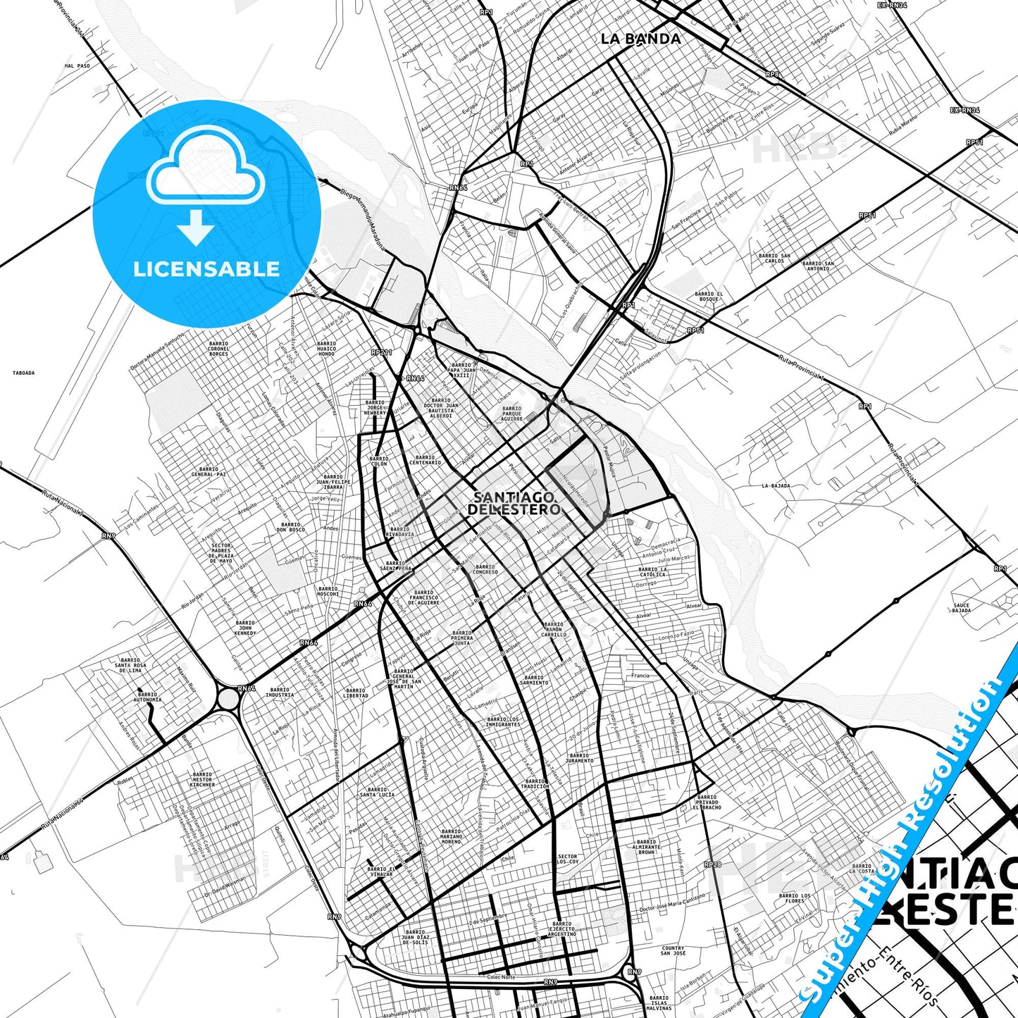 Santiago del Estero, Argentina Light Map with Street Names, City Names, and Districts