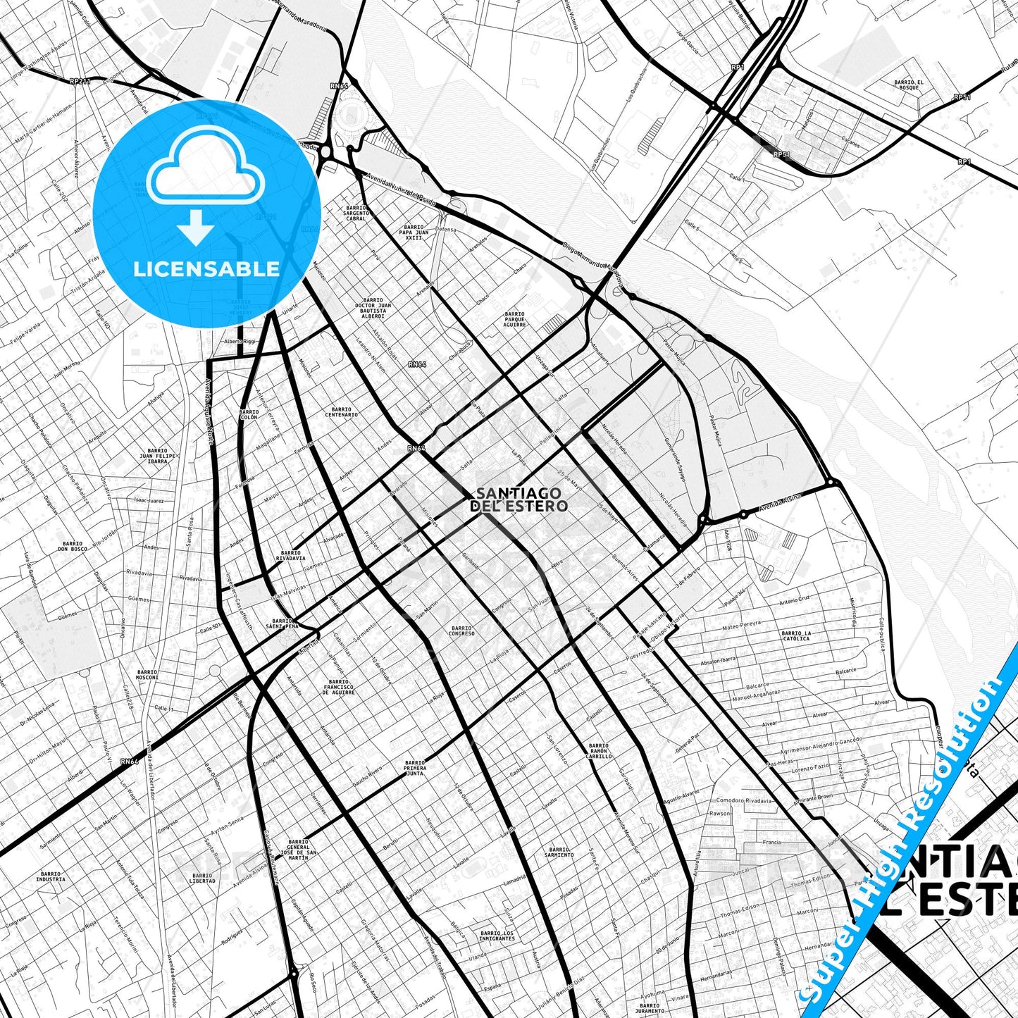 Santiago del Estero, Argentina Light Map with Street Names, City Names, and Districts
