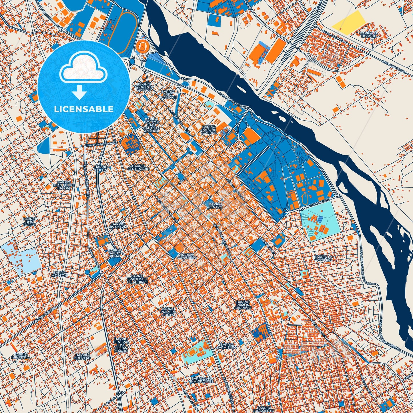 Colorful Santiago del Estero Street Map with Labels and Buildings