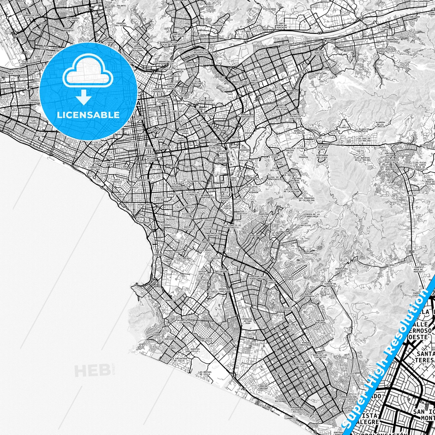 Santiago de Surco, Peru light map with streetnames, citynames and districts