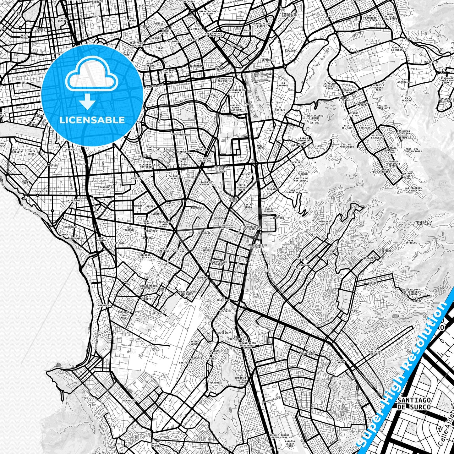 Santiago de Surco, Peru Light Map with Street Names, City Names, and Districts