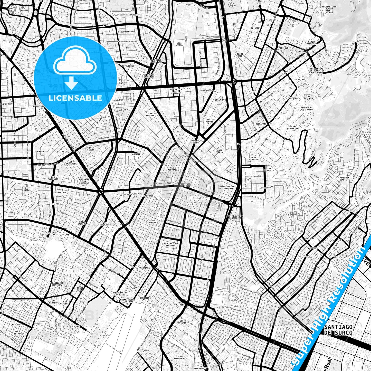 Santiago de Surco, Peru Light Map with Street Names, City Names, and Districts