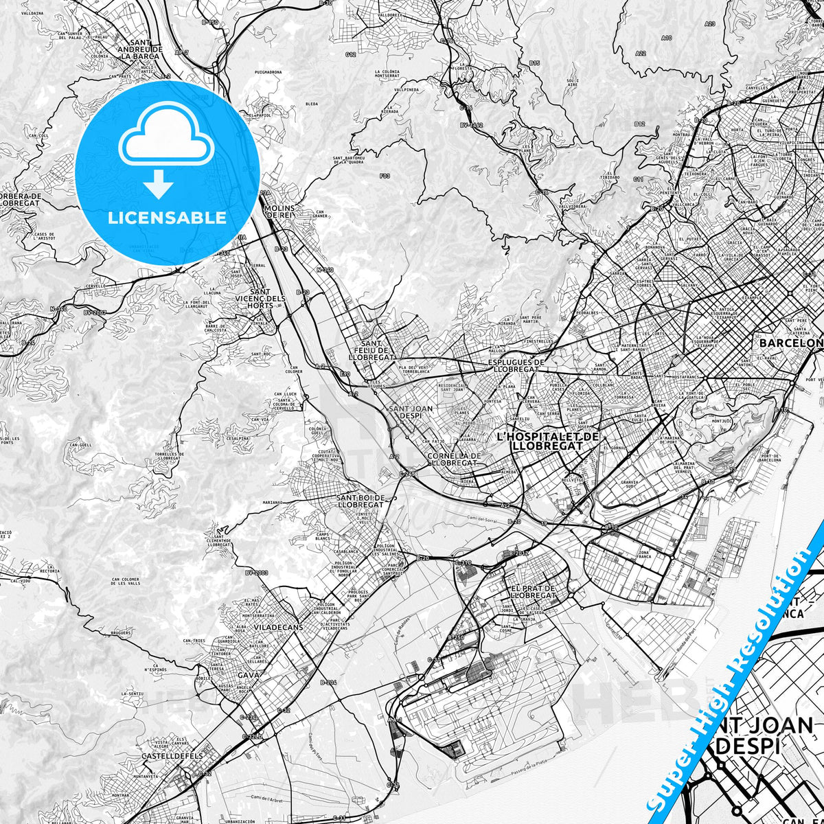 Sant Joan Despí, Spain light map with streetnames, citynames and districts