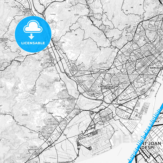 Sant Joan Despí, Spain light map with streetnames, citynames and districts
