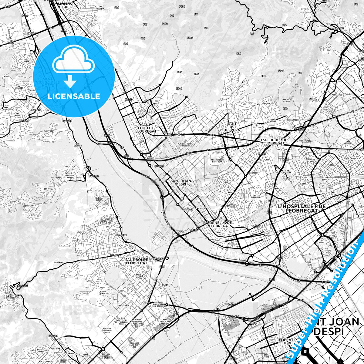 Sant Joan Despí, Spain Light Map with Street Names, City Names, and Districts