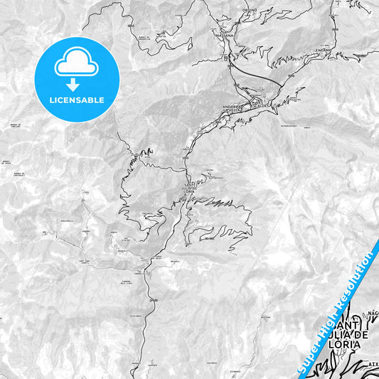 Sant Julià de Lòria, Andorra light map with streetnames, citynames and districts