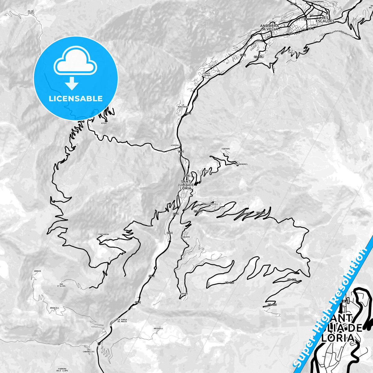 Sant Julià de Lòria, Andorra Light Map with Street Names, City Names, and Districts