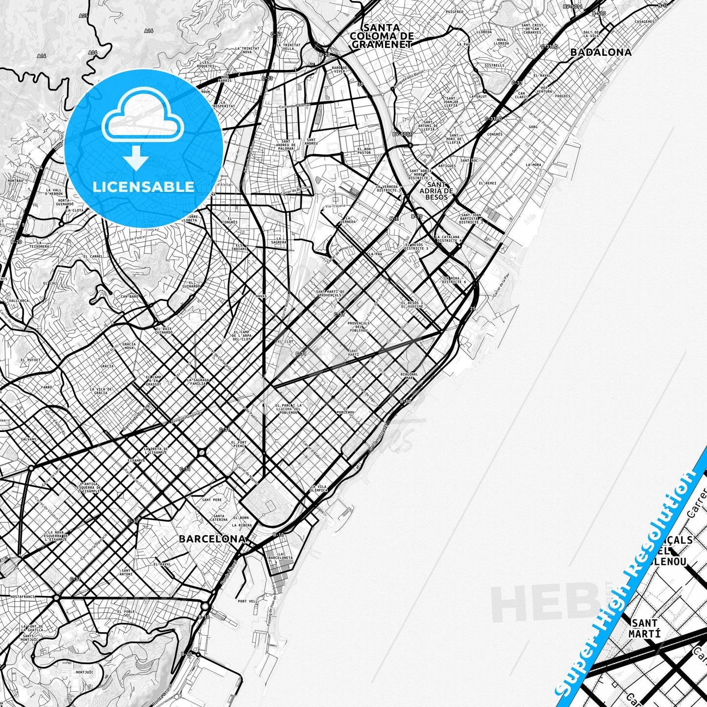Sant Martí, Spain Light Map with Street Names, City Names, and Districts