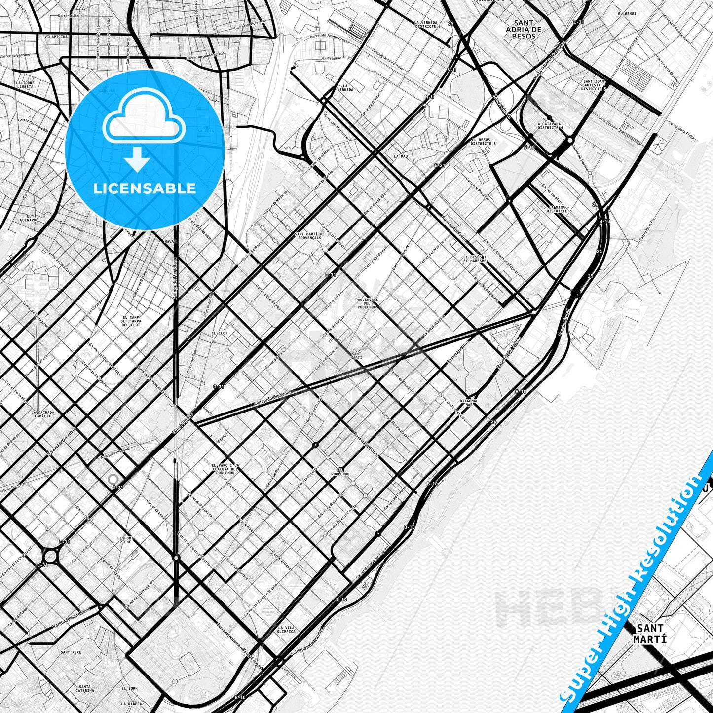 Sant Martí, Spain Light Map with Street Names, City Names, and Districts