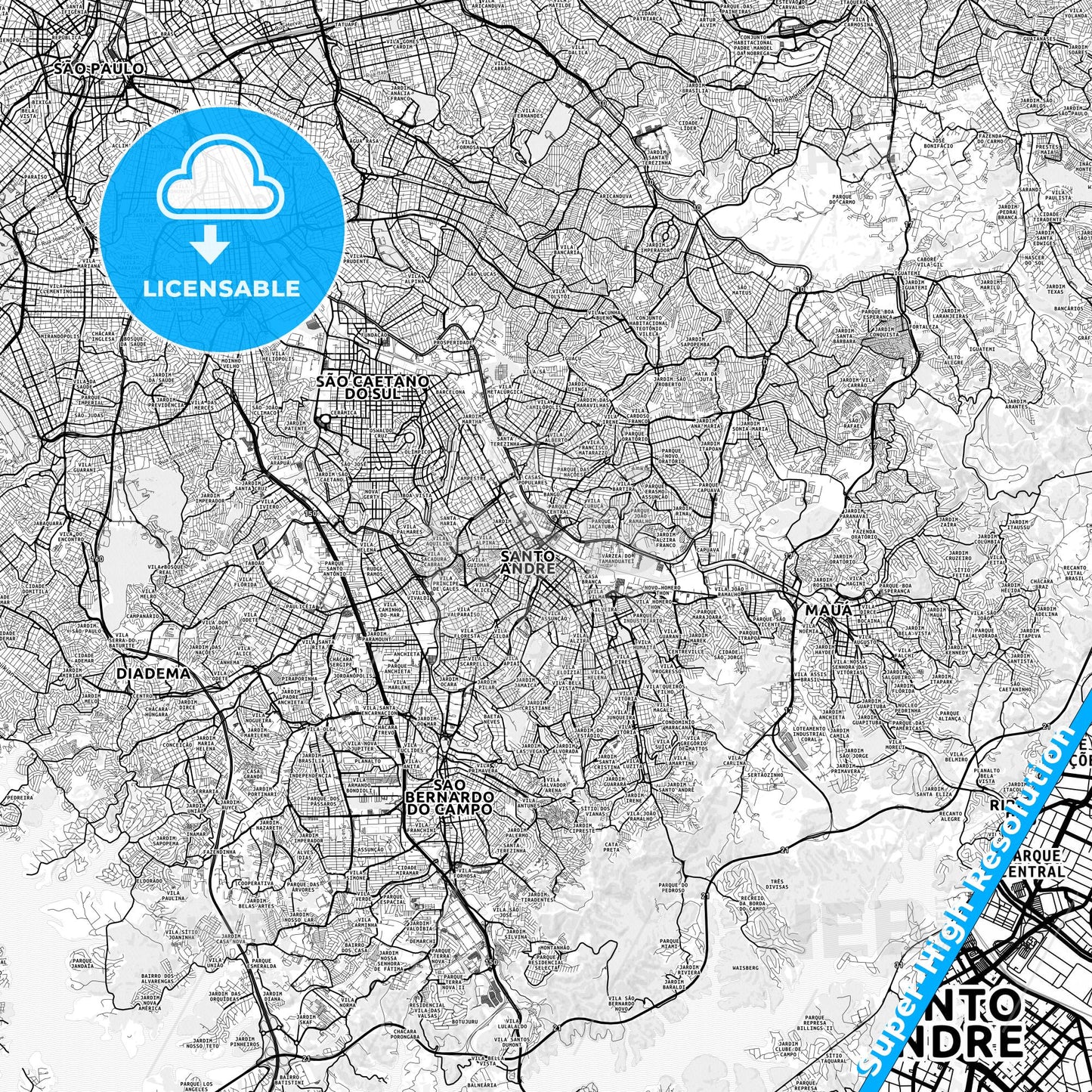 Santo Andre, Brazil light map with streetnames, citynames and districts
