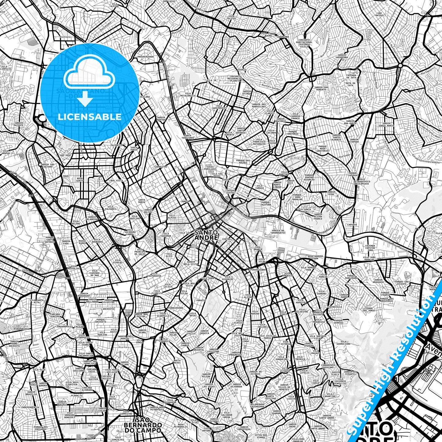Santo Andre, Brazil Light Map with Street Names, City Names, and Districts