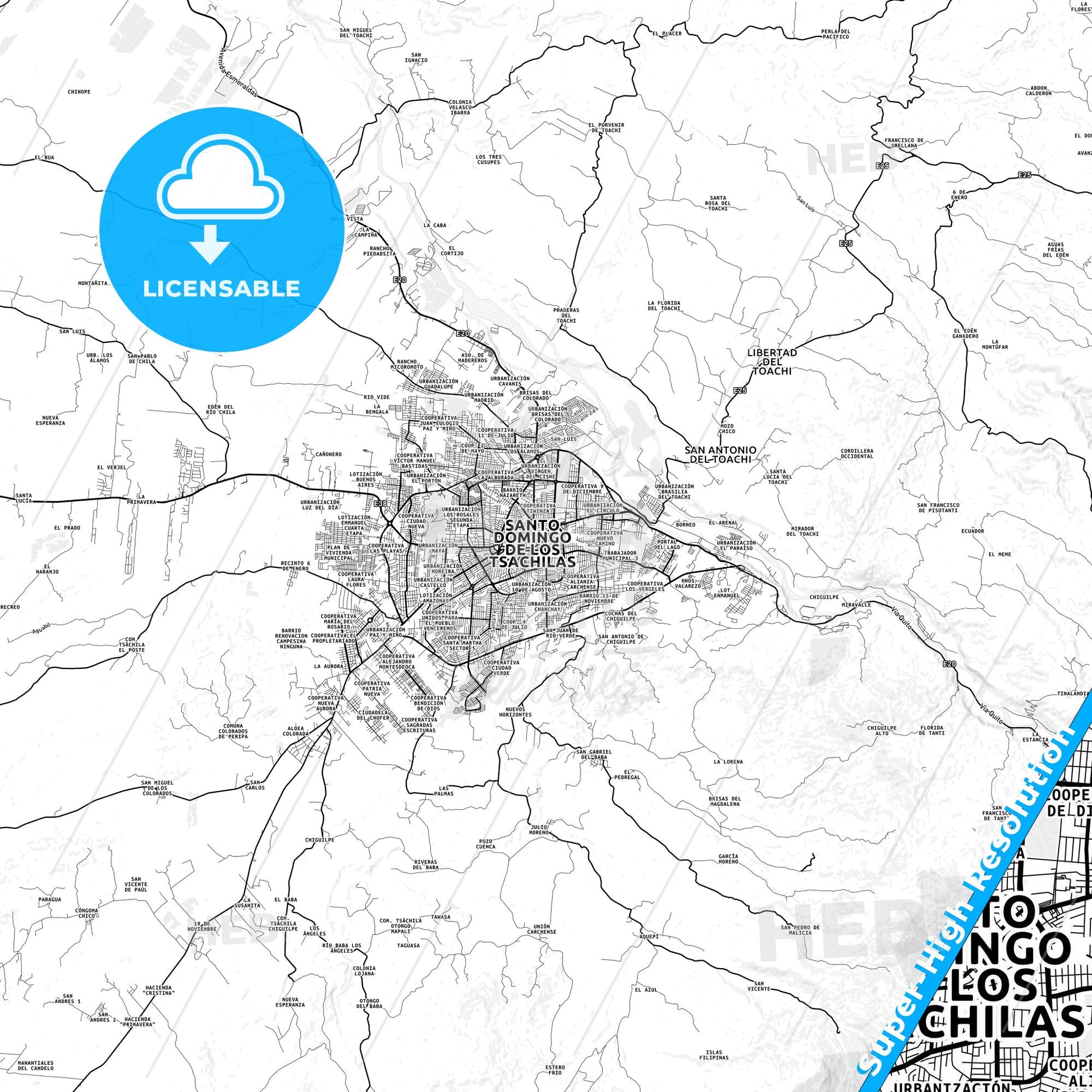 Santo Domingo de los Colorados, Ecuador light map with streetnames, citynames and districts