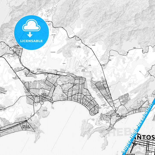 Santos, Brazil light map with streetnames, citynames and districts