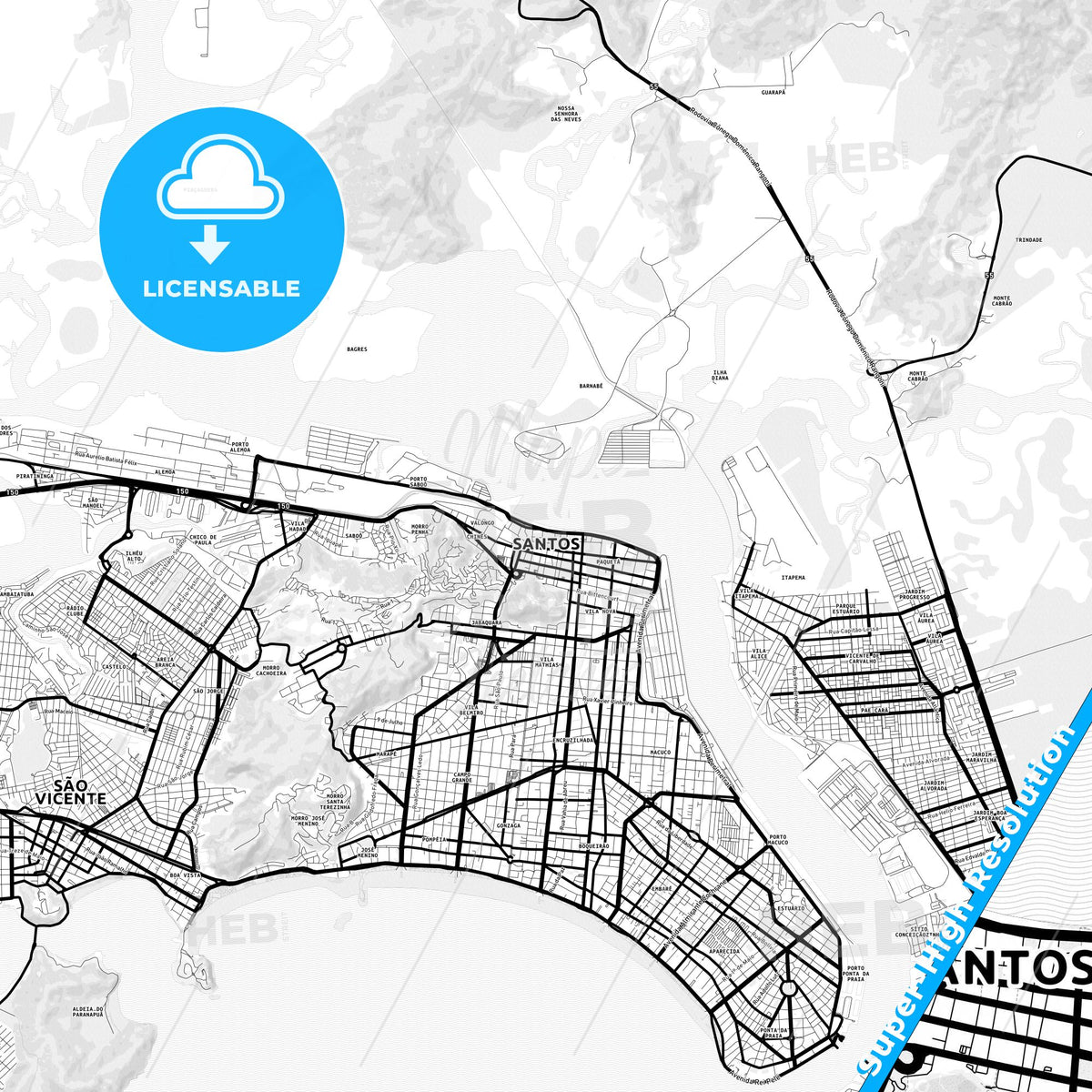Santos, Brazil Light Map with Street Names, City Names, and Districts