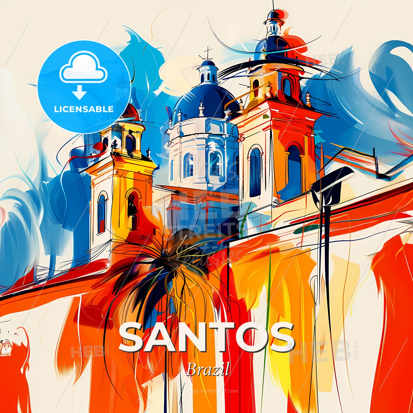 Vibrant Santos, Brazil - A Painting Of A Building With A Blue And Orange Background - Square format print template