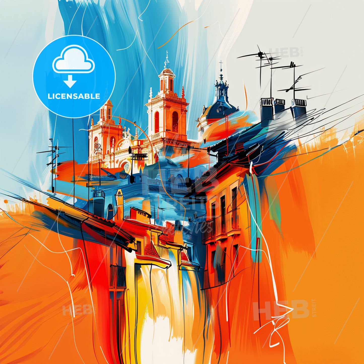 Vibrant Sants-Montjuïc, Spain - A Painting Of A Building With Towers And Towers