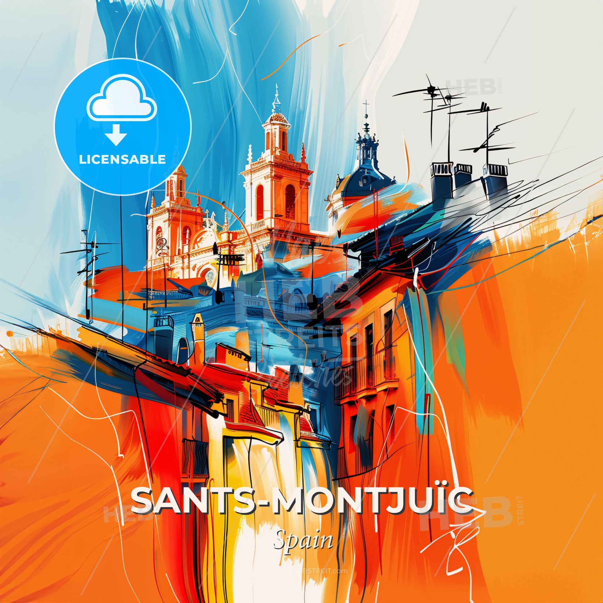 Vibrant Sants-Montjuïc, Spain - A Painting Of A Building With Towers And Towers - Square format print template