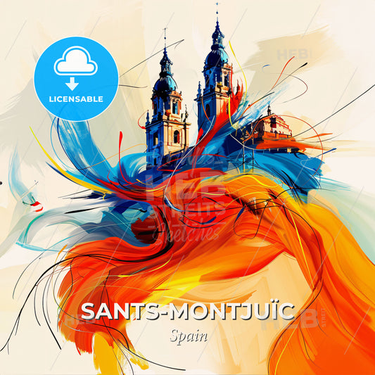 Vibrant Sants-Montjuïc, Spain - A Painting Of A Building With Colorful Paint Splashes - Square format print template