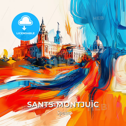 Vibrant Sants-Montjuïc, Spain - A Painting Of A Building With A Colorful Background - Square format print template