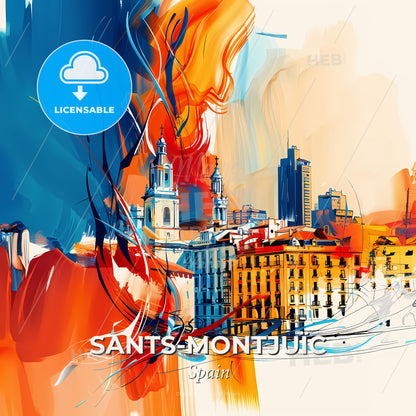 Vibrant Sants-Montjuïc, Spain - A Painting Of A City - Square format print template
