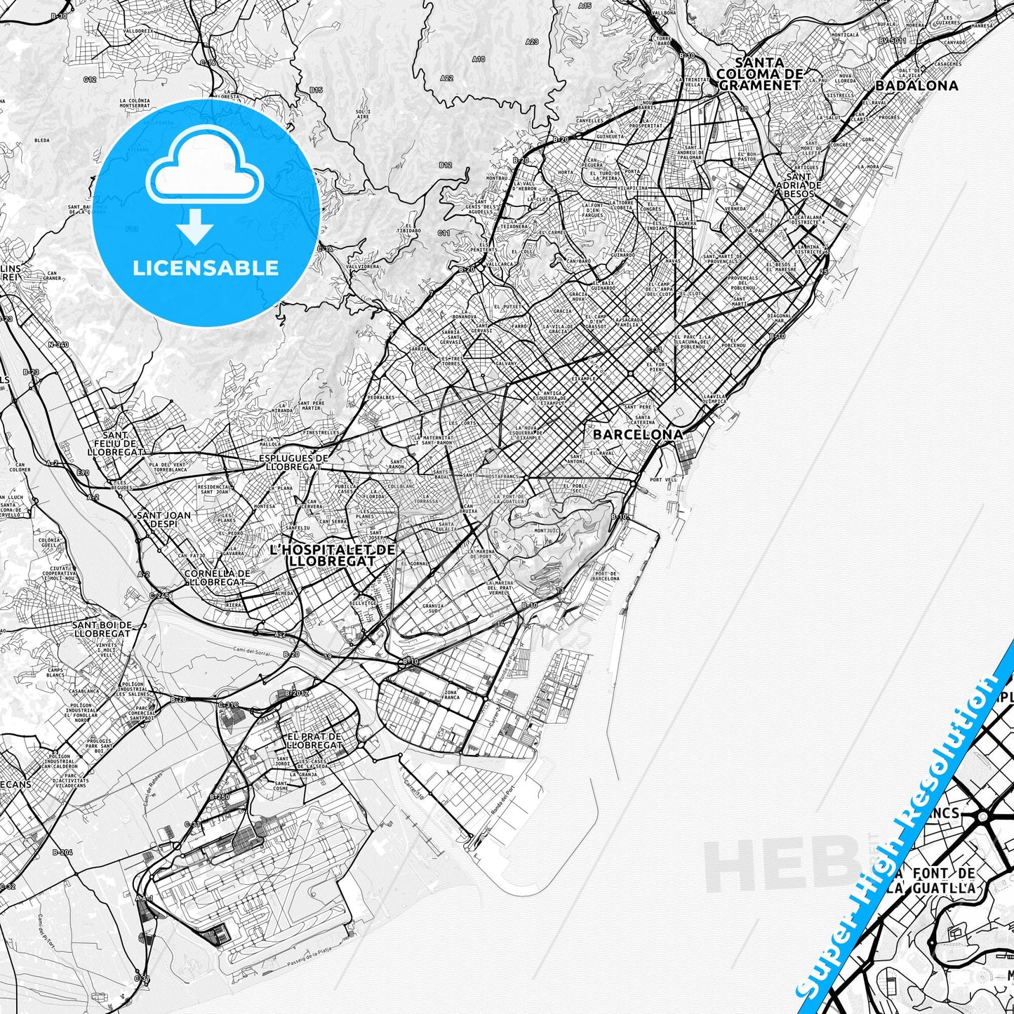 Sants-Montjuïc, Spain light map with streetnames, citynames and districts