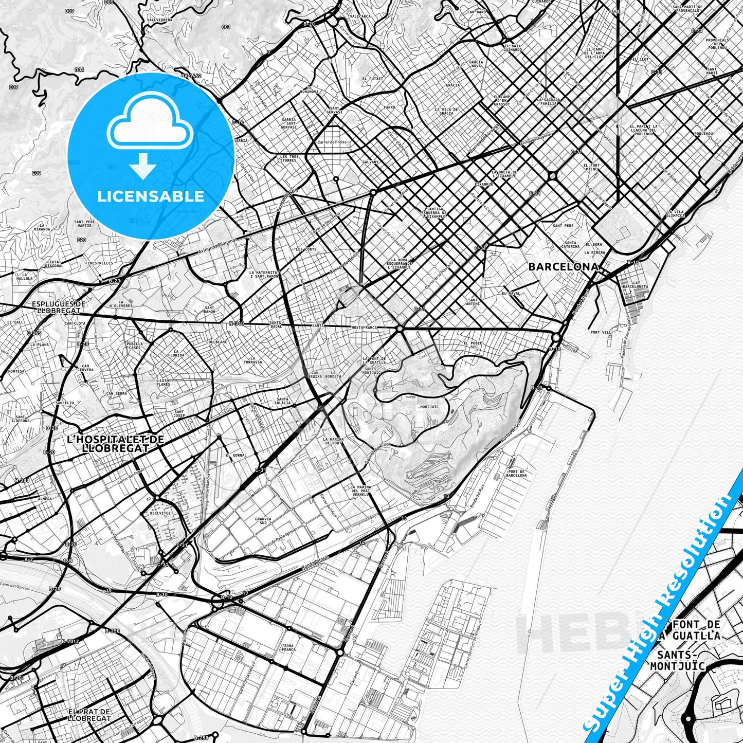 Sants-Montjuïc, Spain Light Map with Street Names, City Names, and Districts