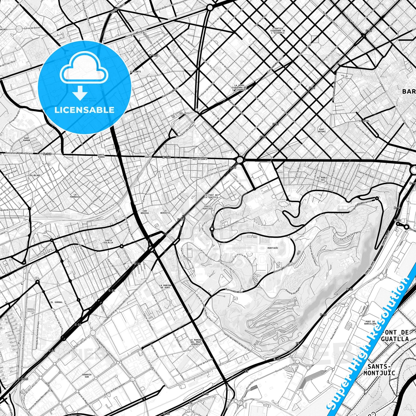 Sants-Montjuïc, Spain Light Map with Street Names, City Names, and Districts