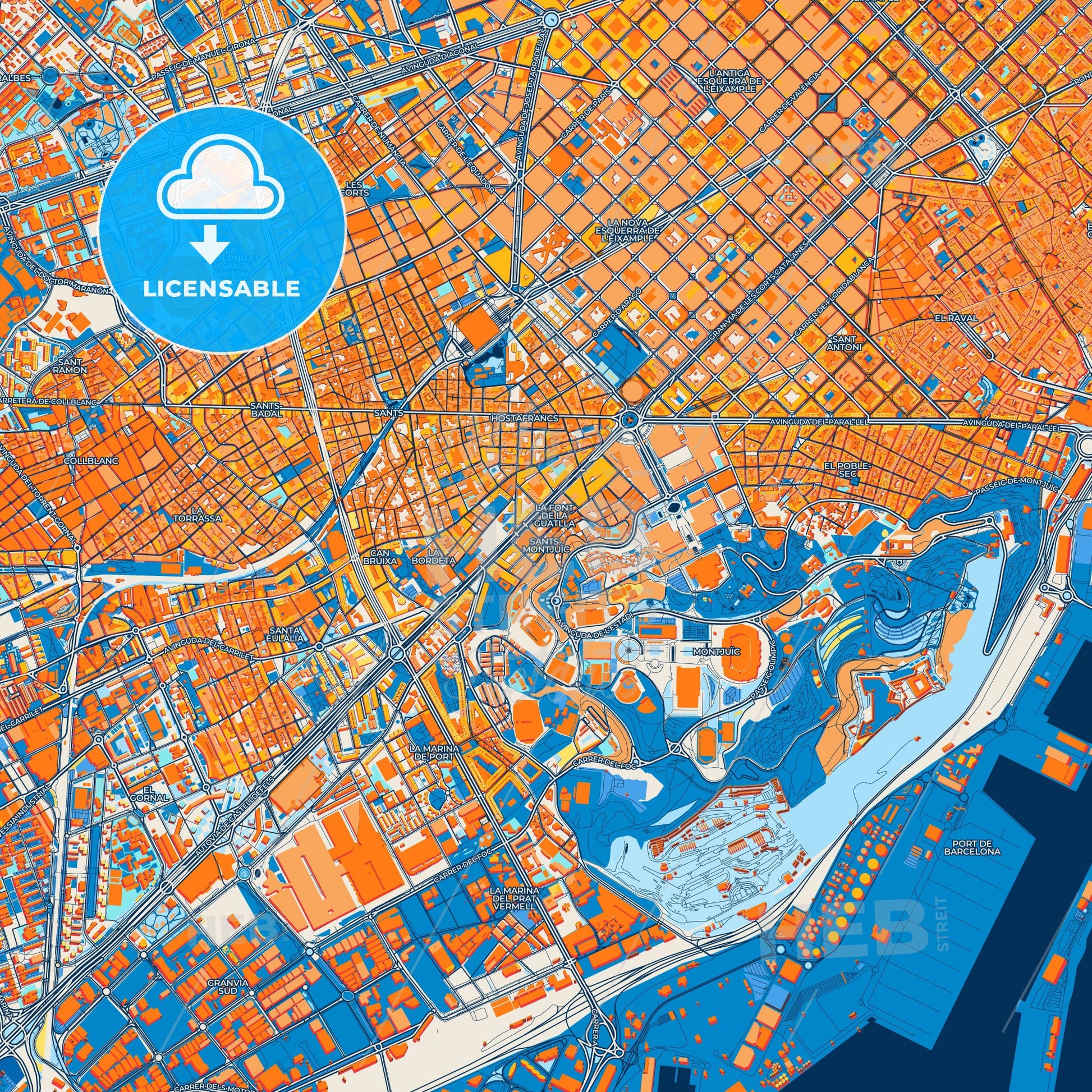 Colorful Sants-Montjuïc Street Map with Labels and Buildings