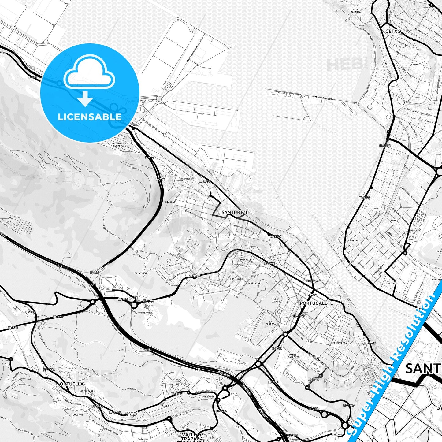 Santurtzi, Spain Light Map with Street Names, City Names, and Districts