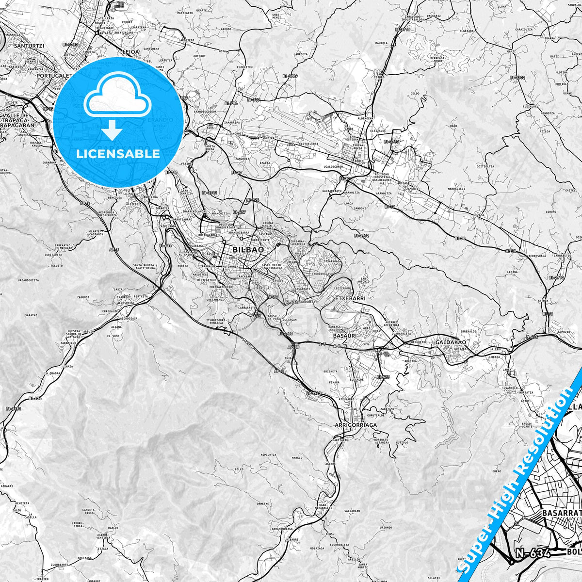 Santutxu, Spain light map with streetnames, citynames and districts