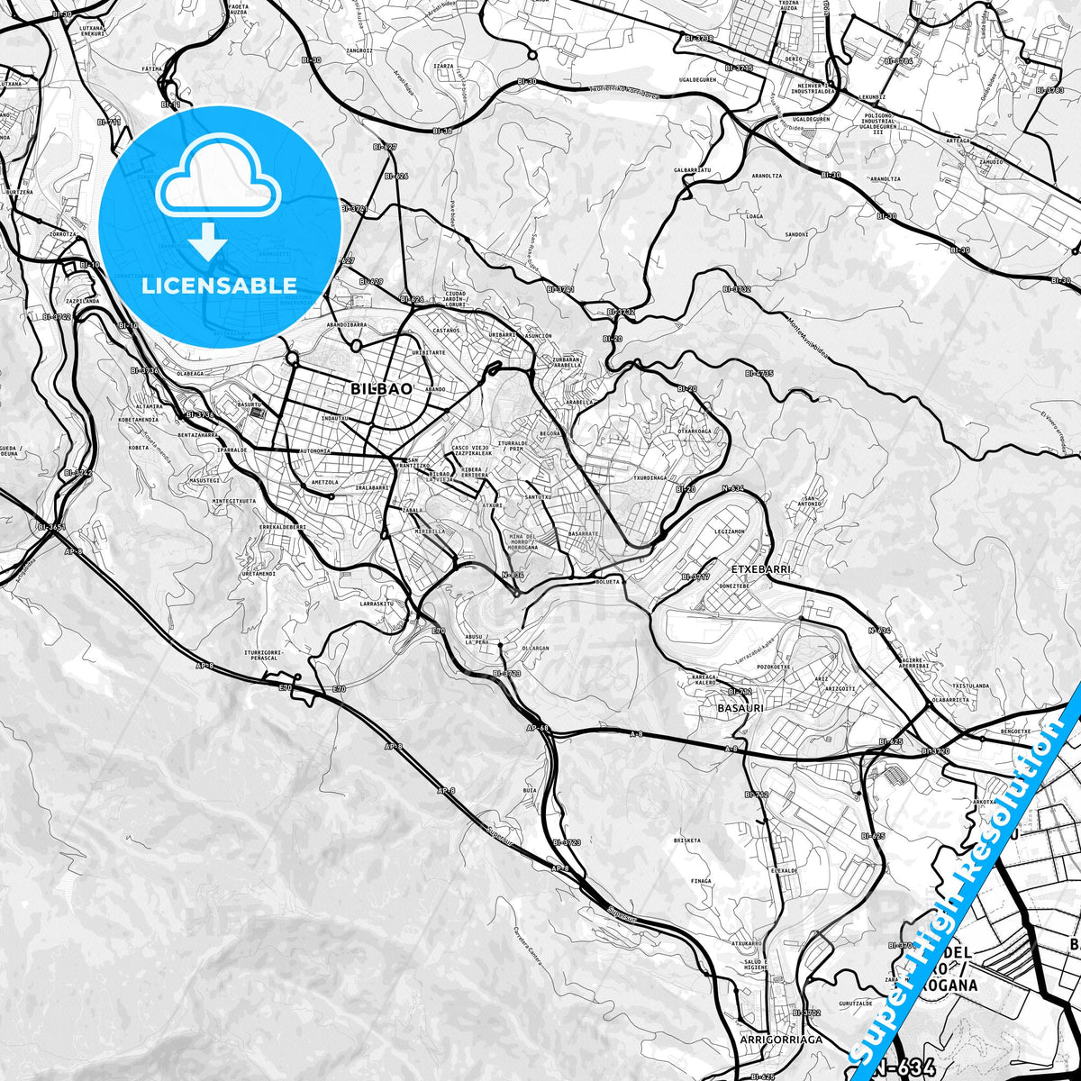 Santutxu, Spain Light Map with Street Names, City Names, and Districts