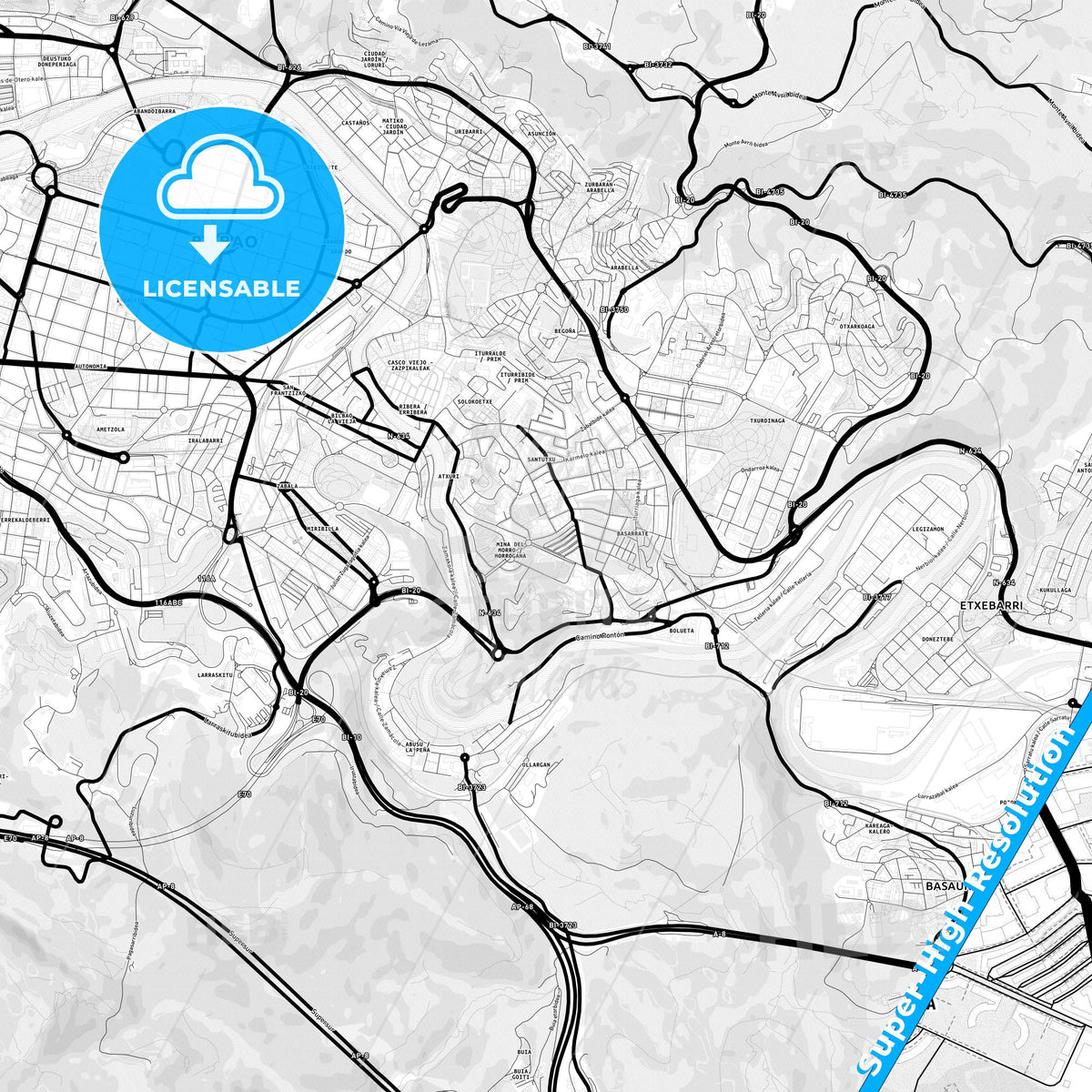 Santutxu, Spain Light Map with Street Names, City Names, and Districts