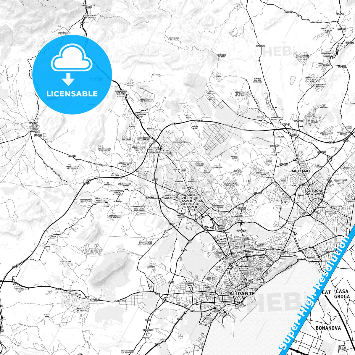 San Vicent del Raspeig, Spain light map with streetnames, citynames and districts