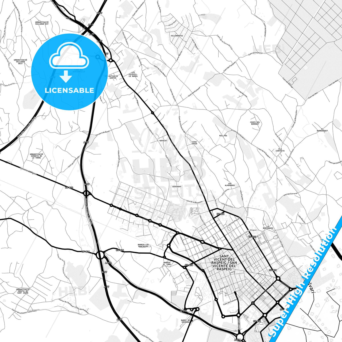 San Vicent del Raspeig, Spain Light Map with Street Names, City Names, and Districts