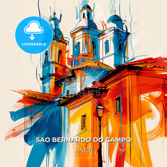 Vibrant Sao Bernardo Do Campo, Brazil - A Painting Of A Building With Towers And A Street Light - Square format print template