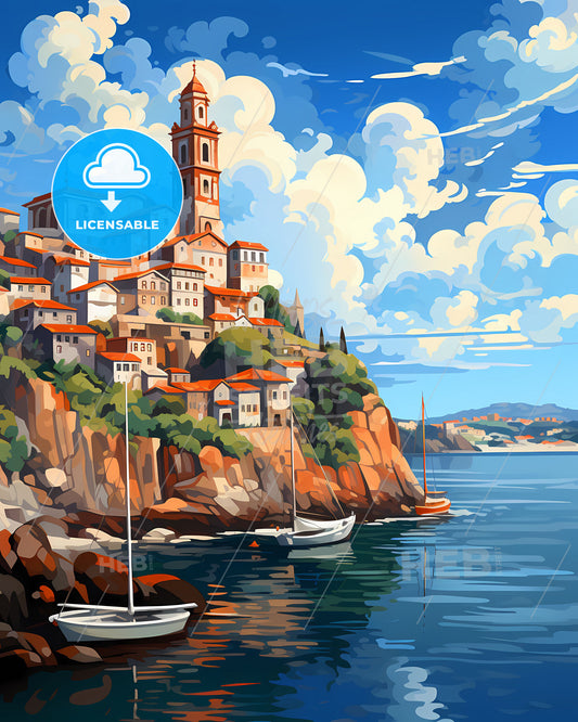 Vibrant Artistic Painting of Sao Joao de Meriti Brazil Skyline with Boats on Water Featuring Ocean Hill Town Architecture in Coastal Brazil