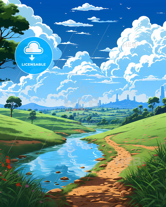 Vibrant Painting of Sao Jose do Rio Preto Brazil Skyline Featuring River Valley