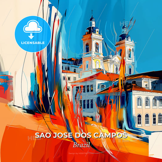Vibrant Sao Jose Dos Campos, Brazil - A Painting Of A Building With A Tower And A Flag - Square format print template