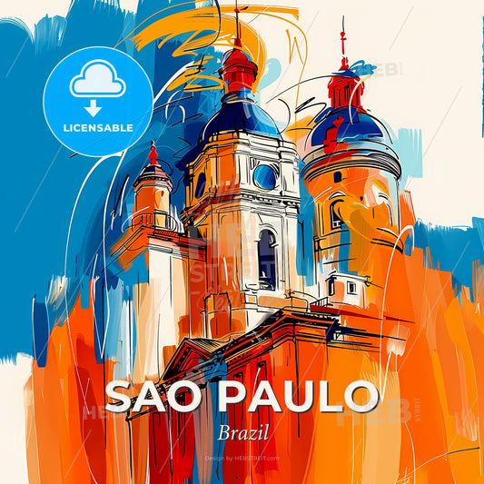 Vibrant Sao Paulo, Brazil - A Painting Of A Building With Blue And Orange Colors - Square format print template