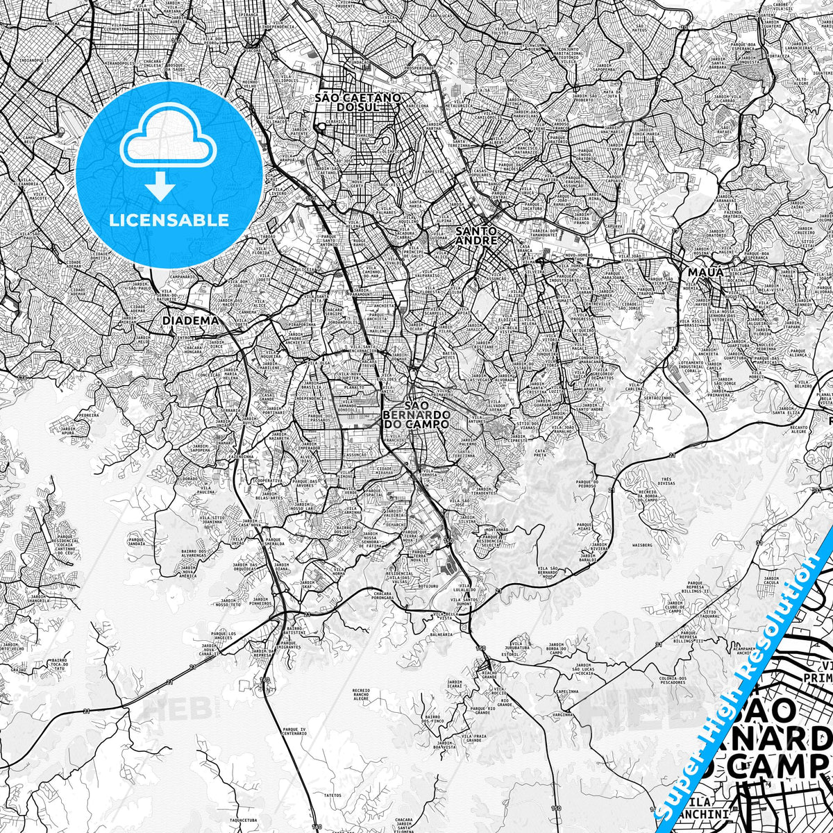 Sao Bernardo do Campo, Brazil light map with streetnames, citynames and districts