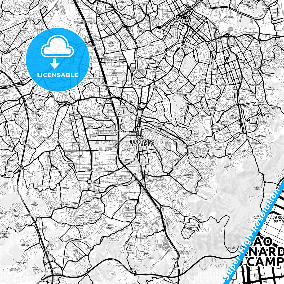 Sao Bernardo do Campo, Brazil Light Map with Street Names, City Names, and Districts